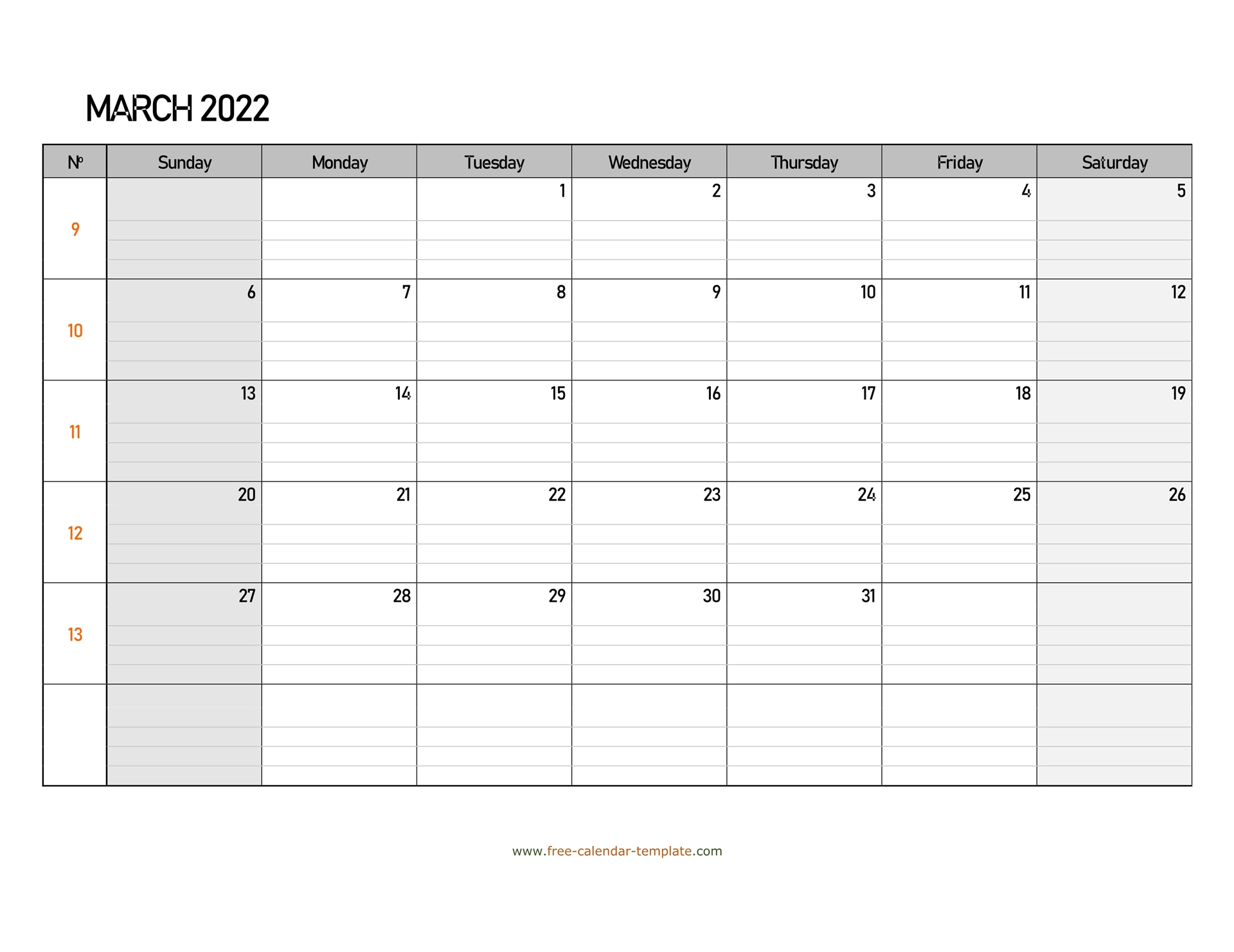 March 2022 Calendar Free Printable With Grid Lines