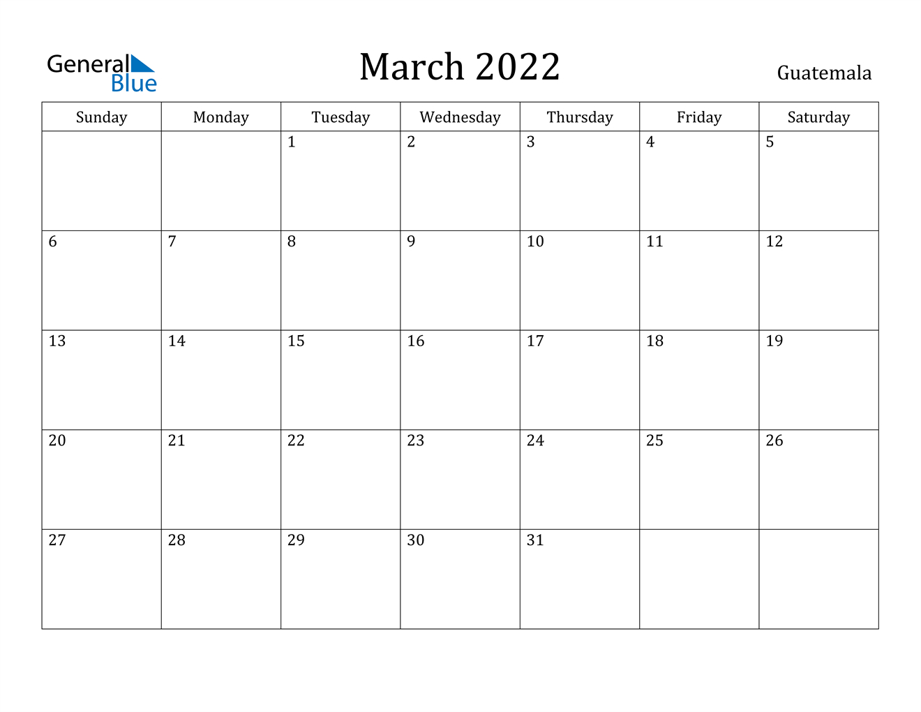 March 2022 Calendar - Guatemala