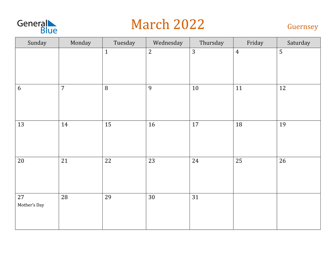 March 2022 Calendar - Guernsey
