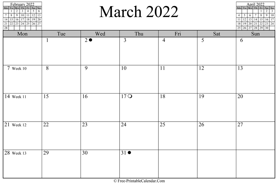 March 2022 Calendar (Horizontal Layout)