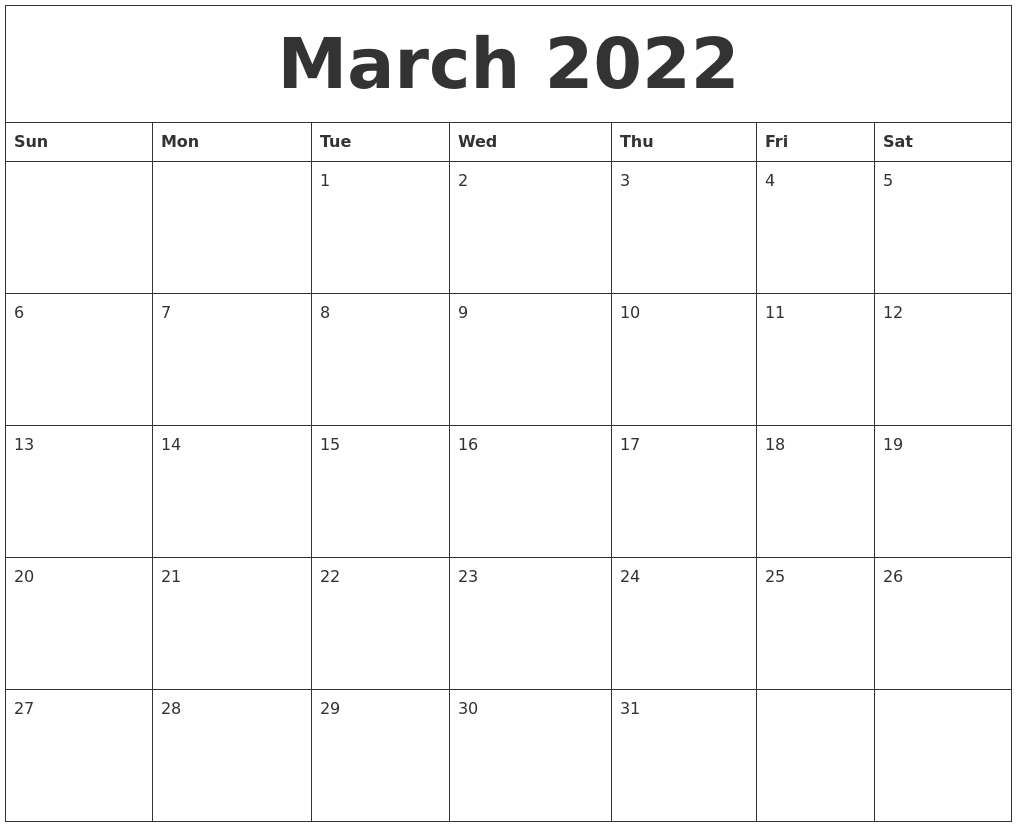 March 2022 Calendar Layout