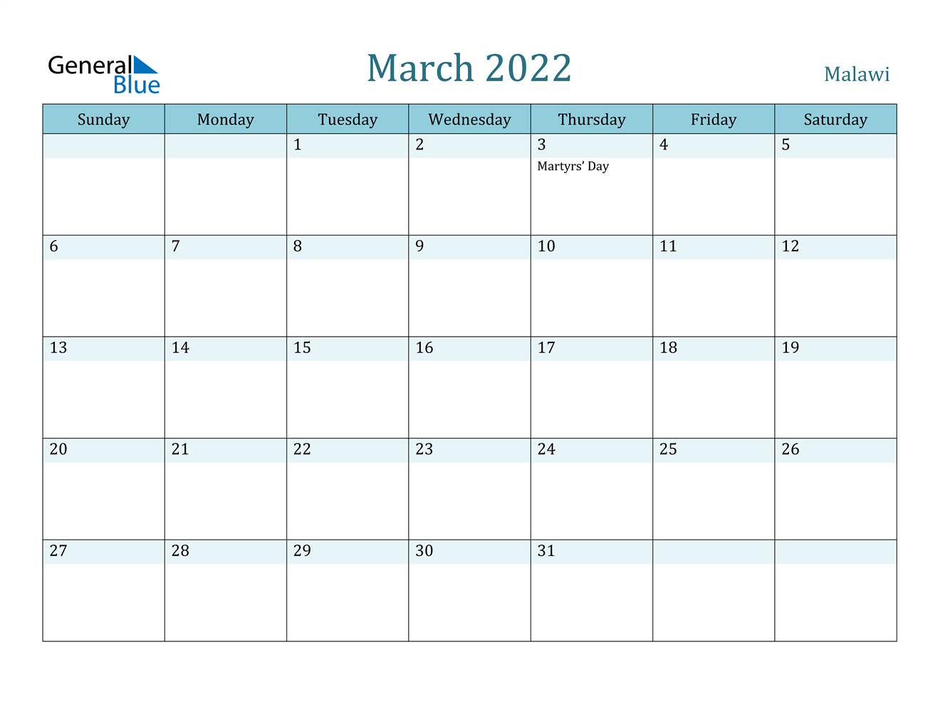 March 2022 Calendar - Malawi