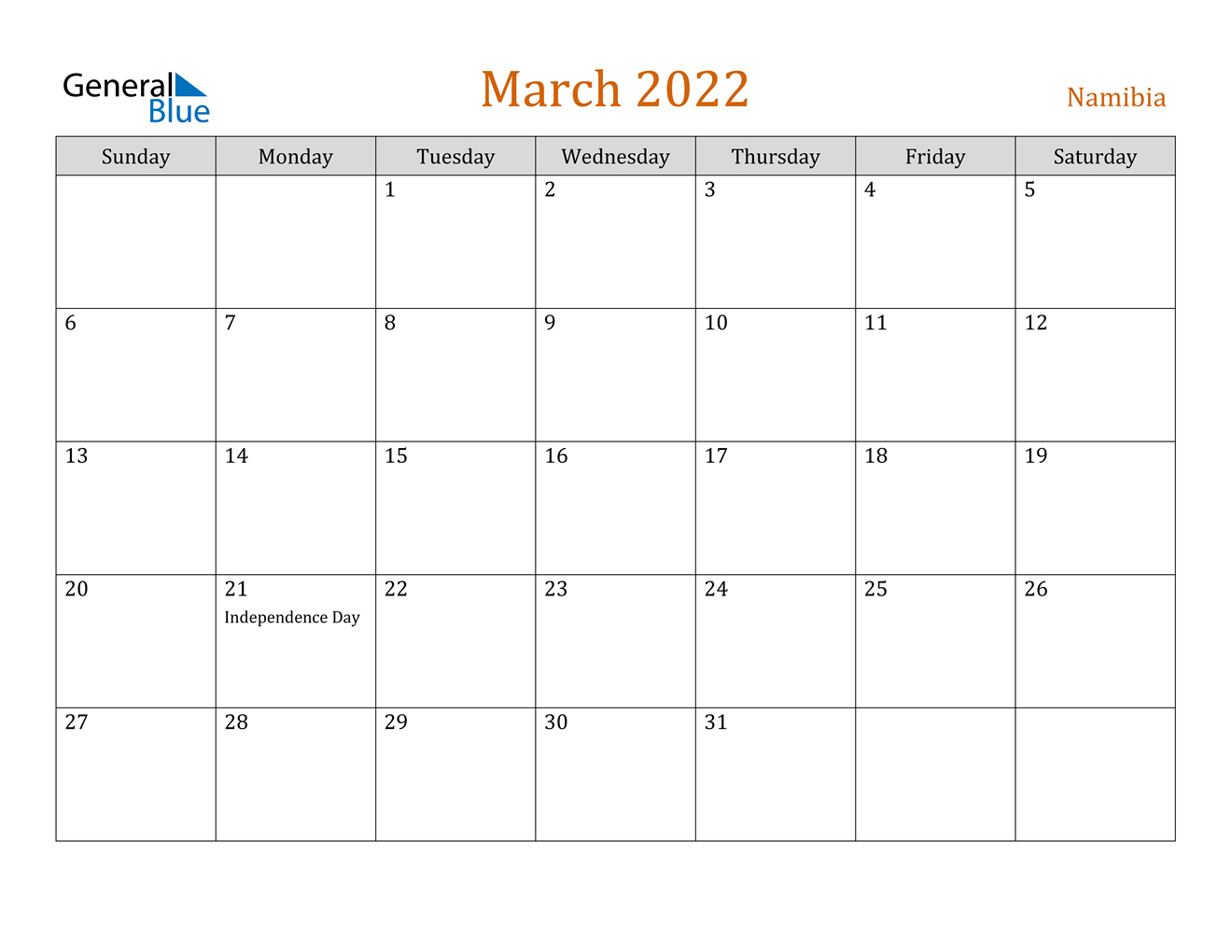 March 2022 Calendar - Namibia