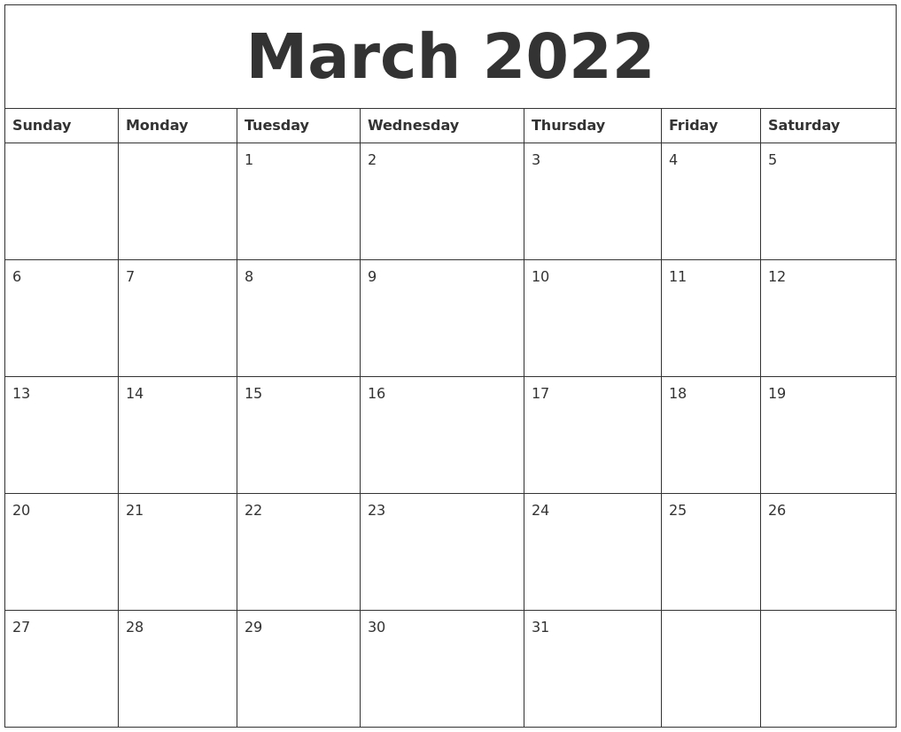 March 2022 Calendar Pages