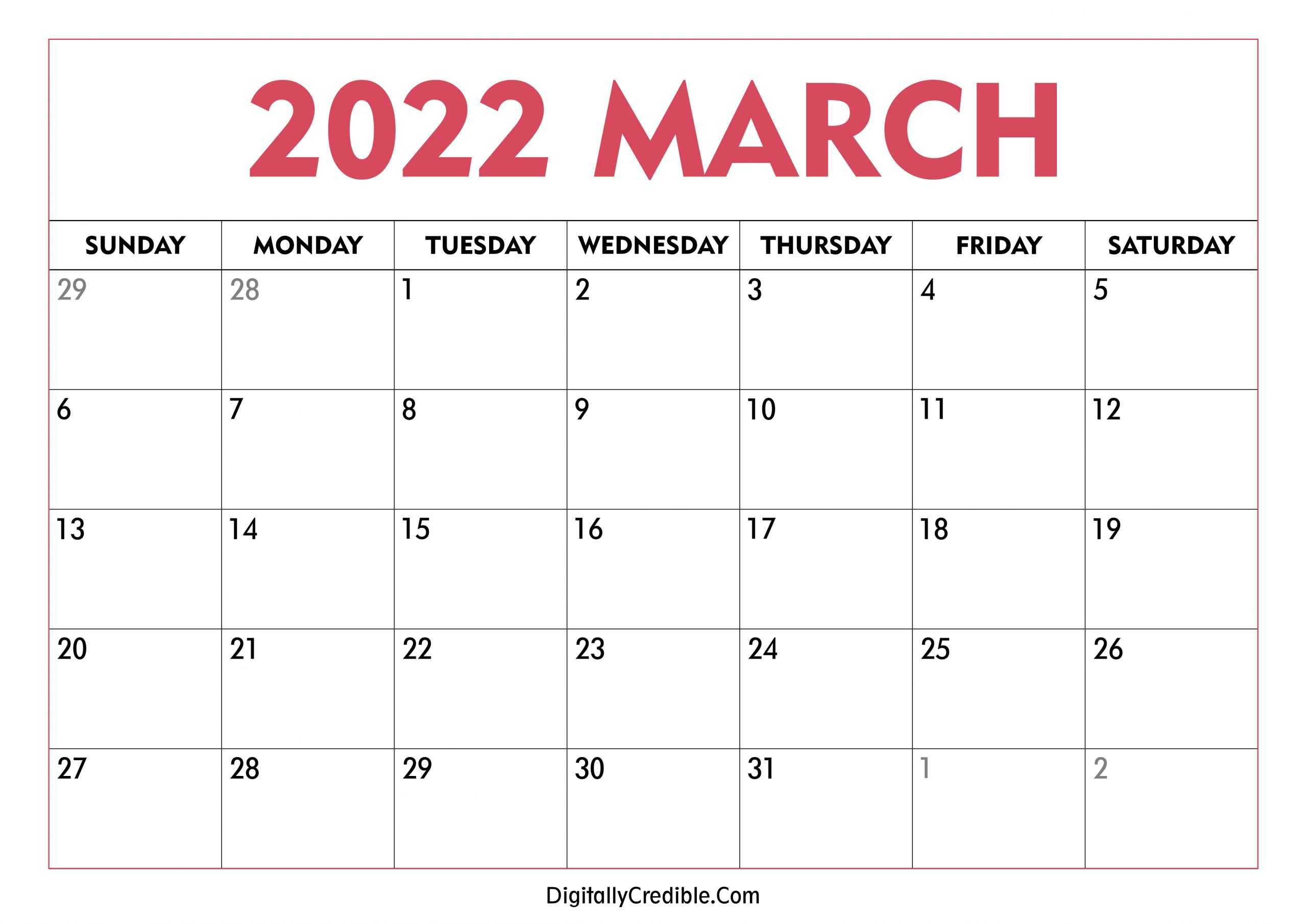 March 2022 Calendar Printable - Desk &amp; Wall