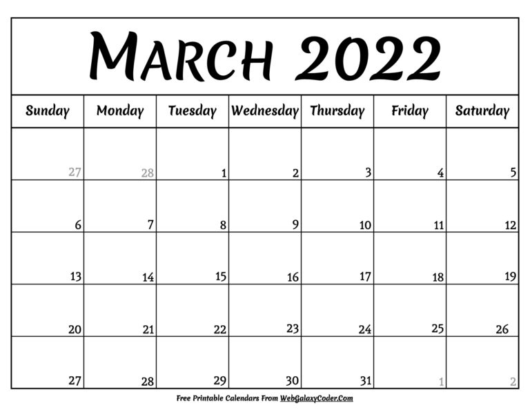 March 2022 Calendar - Printable Format - Print Now