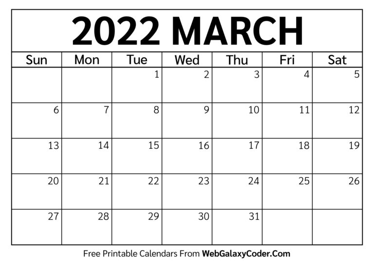 March 2022 Calendar - Printable Format - Print Now