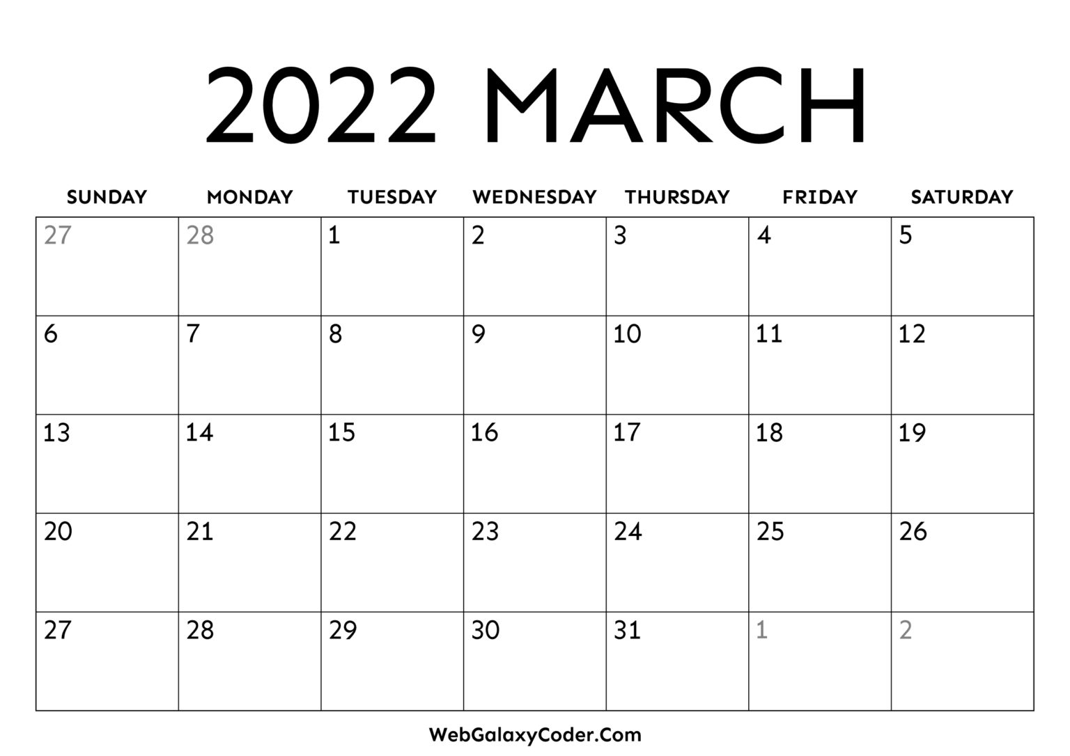 March 2022 Calendar - Printable Format - Print Now