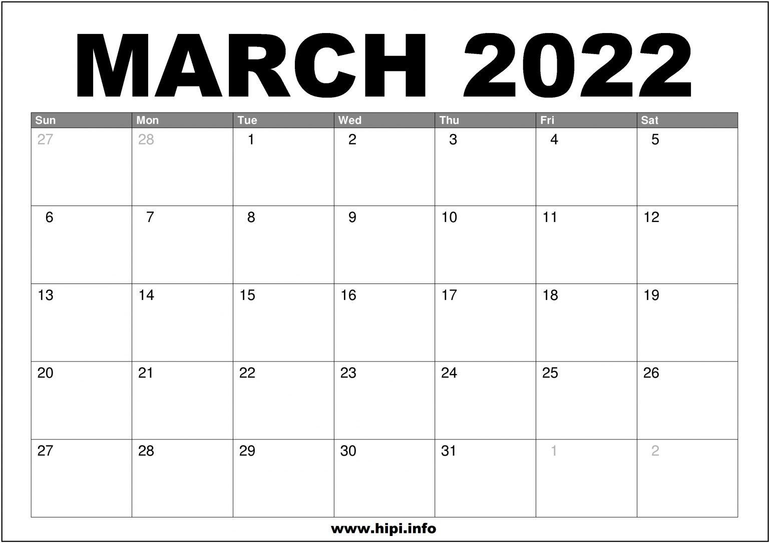 March 2022 Calendar Printable Free - Hipi | Calendars