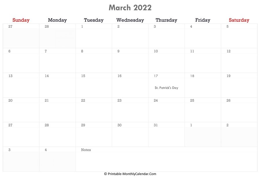 March 2022 Calendar Printable With Holidays