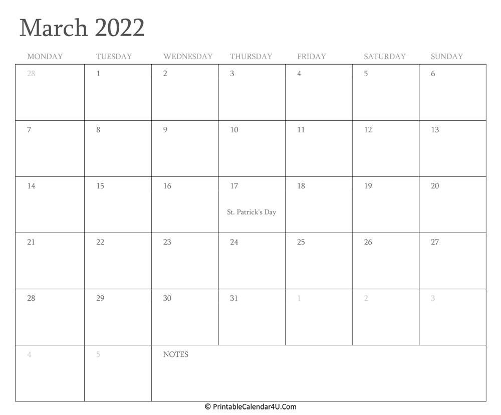 March 2022 Calendar Printable With Holidays