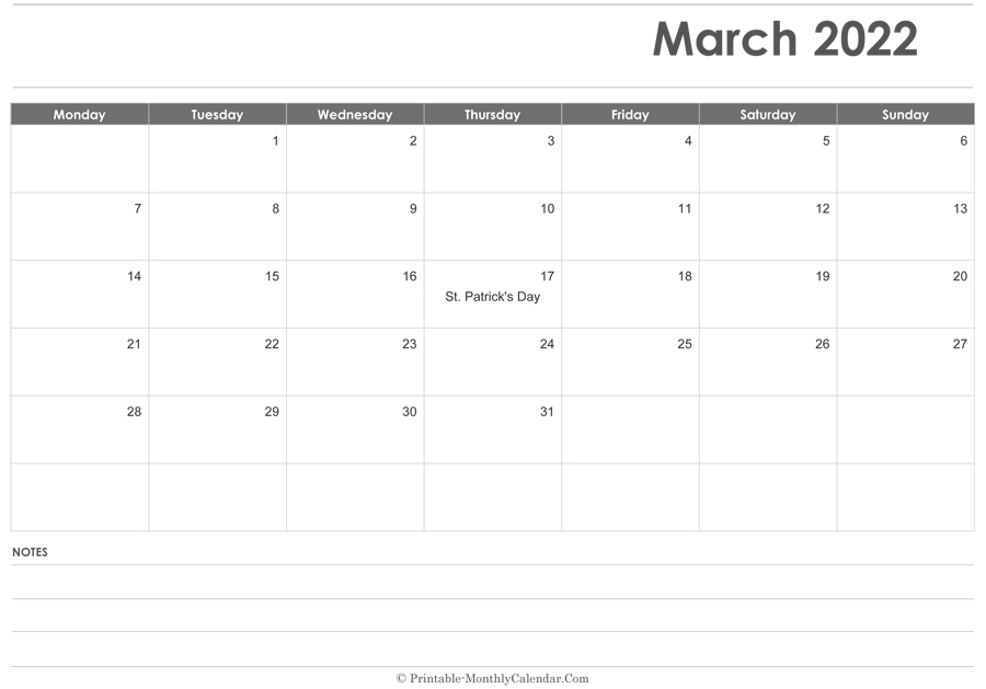 March 2022 Calendar Printable With Holidays