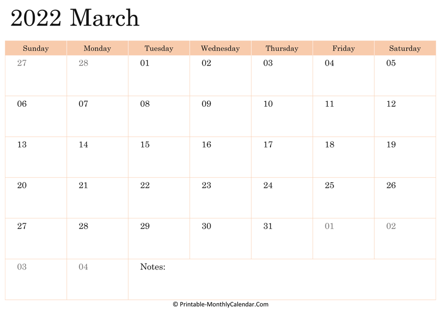 March 2022 Calendar Printable With Holidays