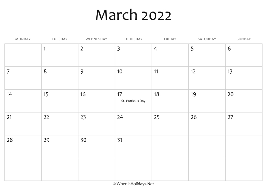 March 2022 Calendar Printable With Holidays