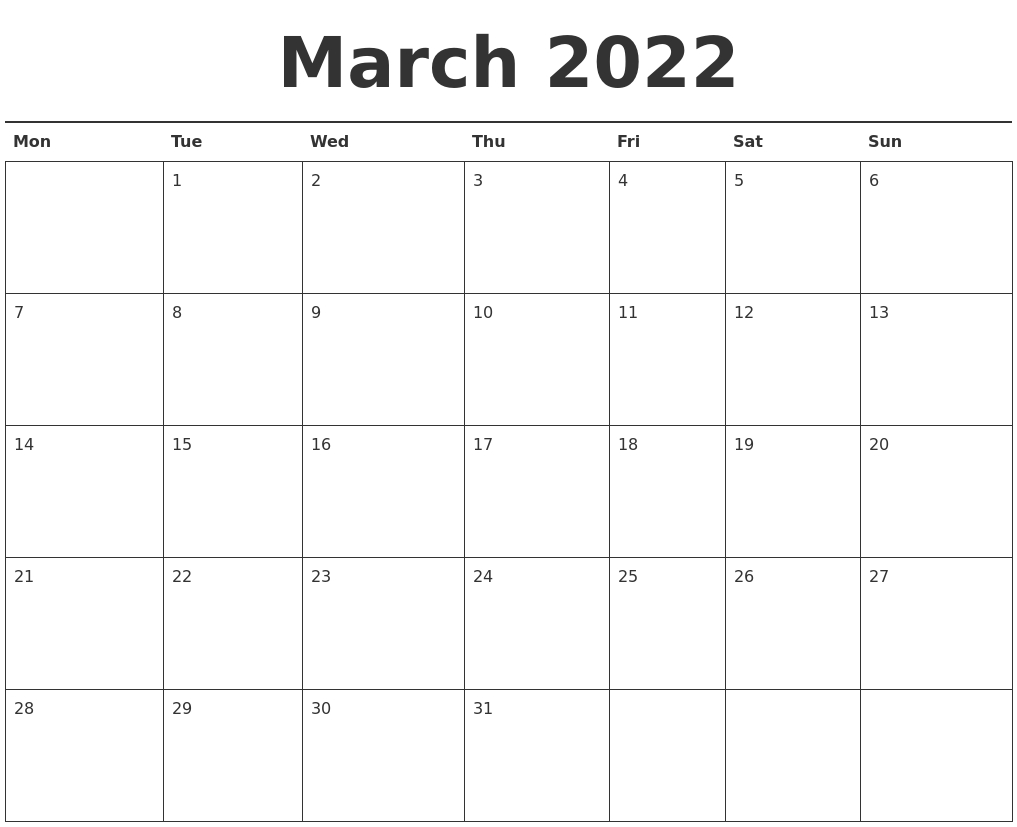 March 2022 Calendar Printable