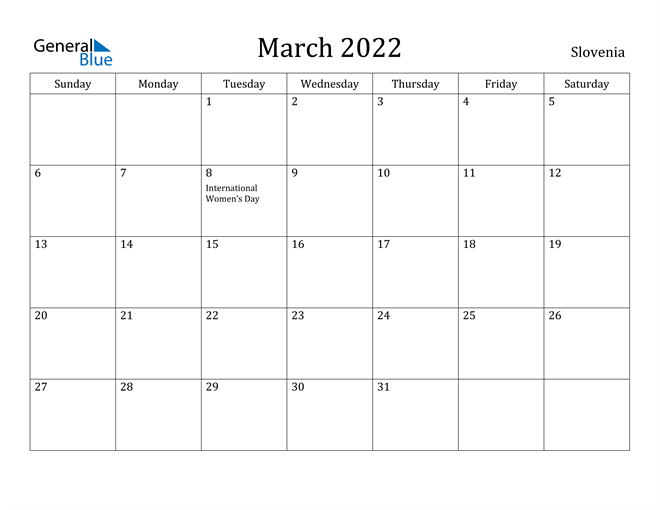 March 2022 Calendar - Slovenia