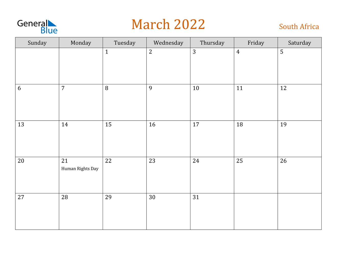 March 2022 Calendar - South Africa