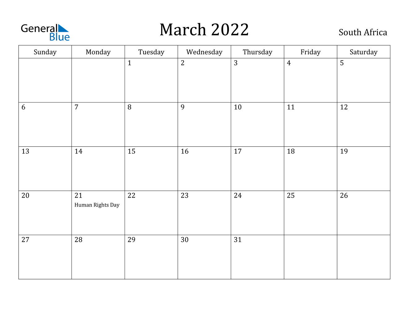 March 2022 Calendar - South Africa