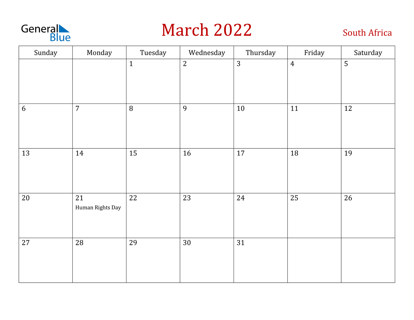 March 2022 Calendar - South Africa