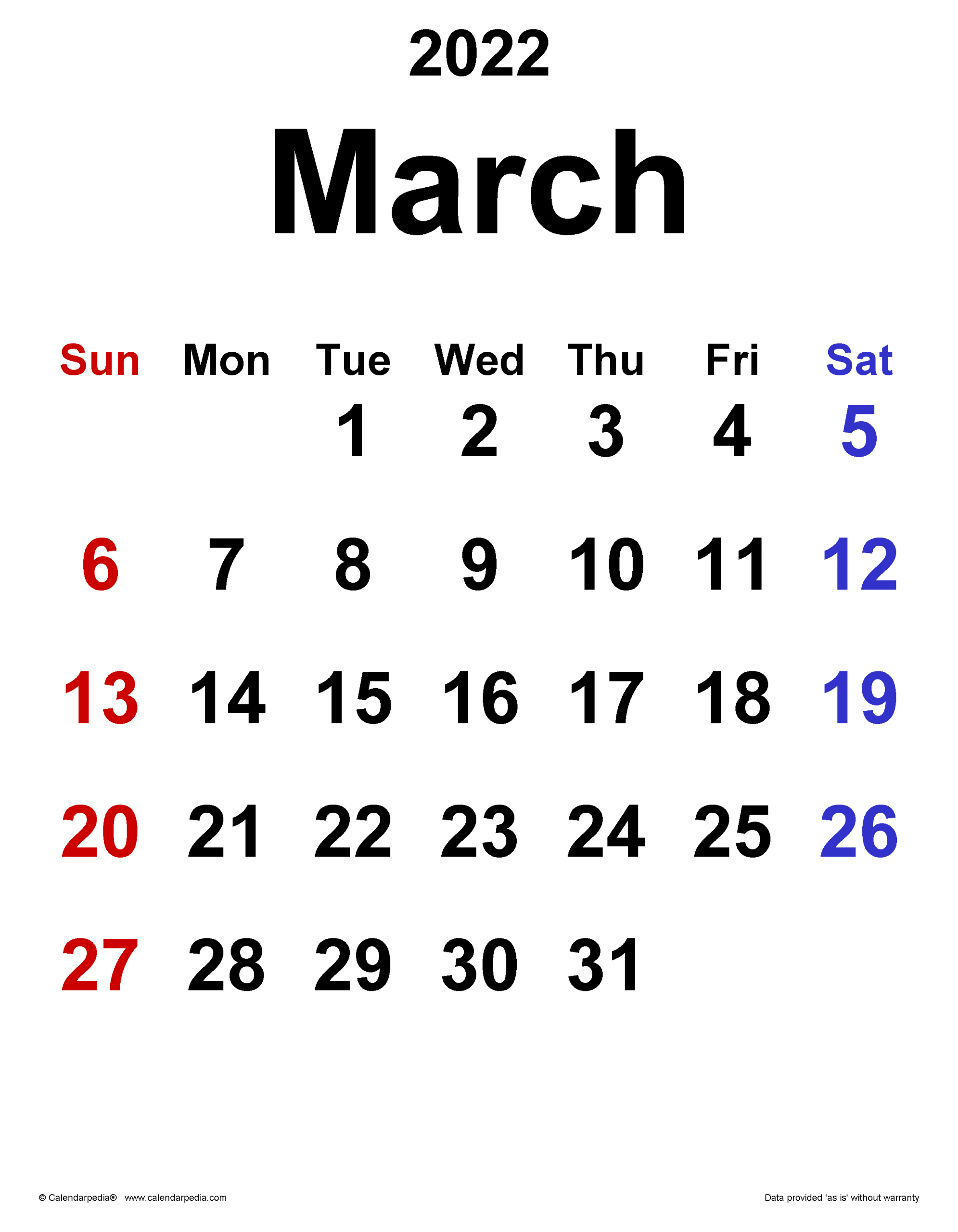 March 2022 Calendar | Templates For Word, Excel And Pdf