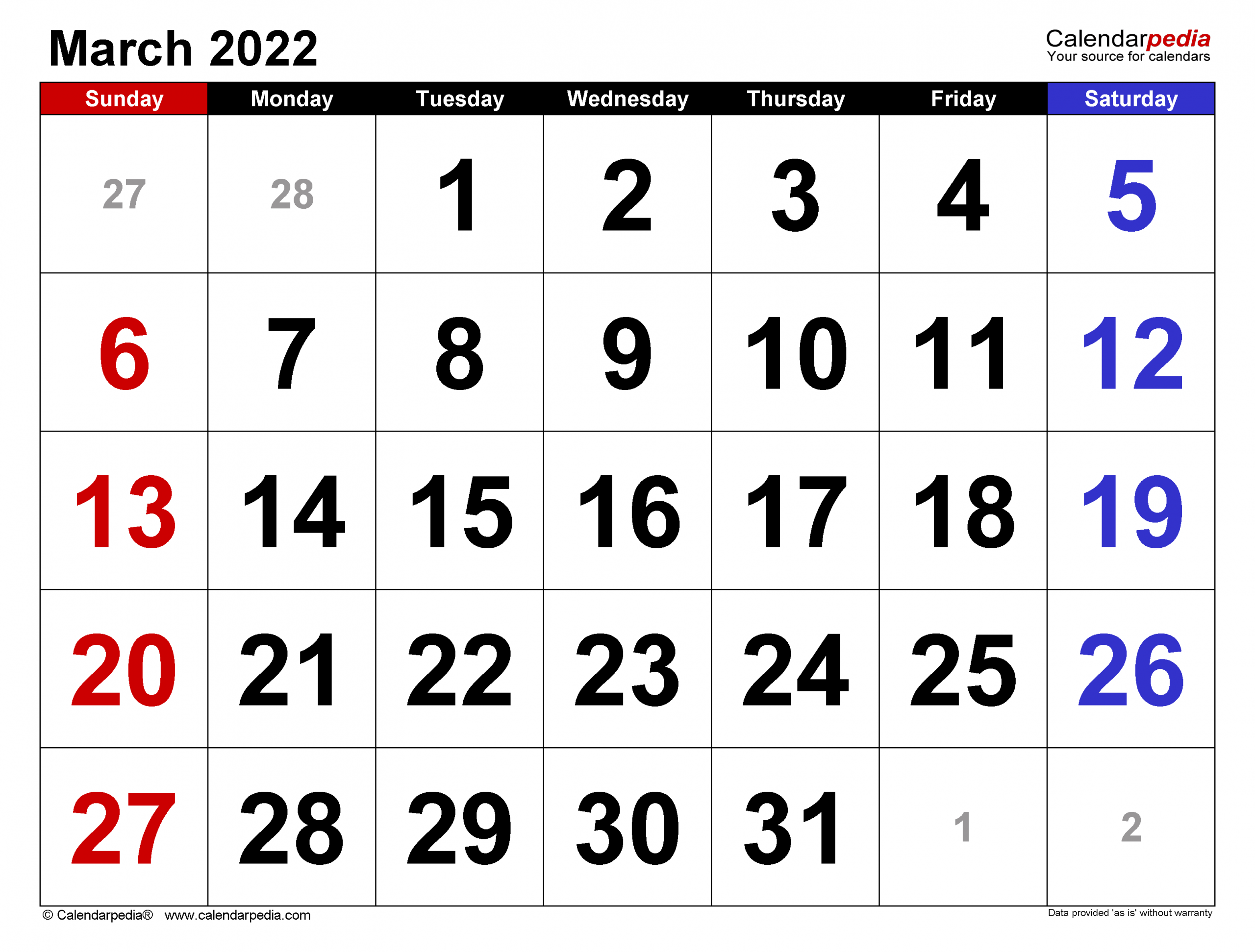March 2022 Calendar | Templates For Word, Excel And Pdf