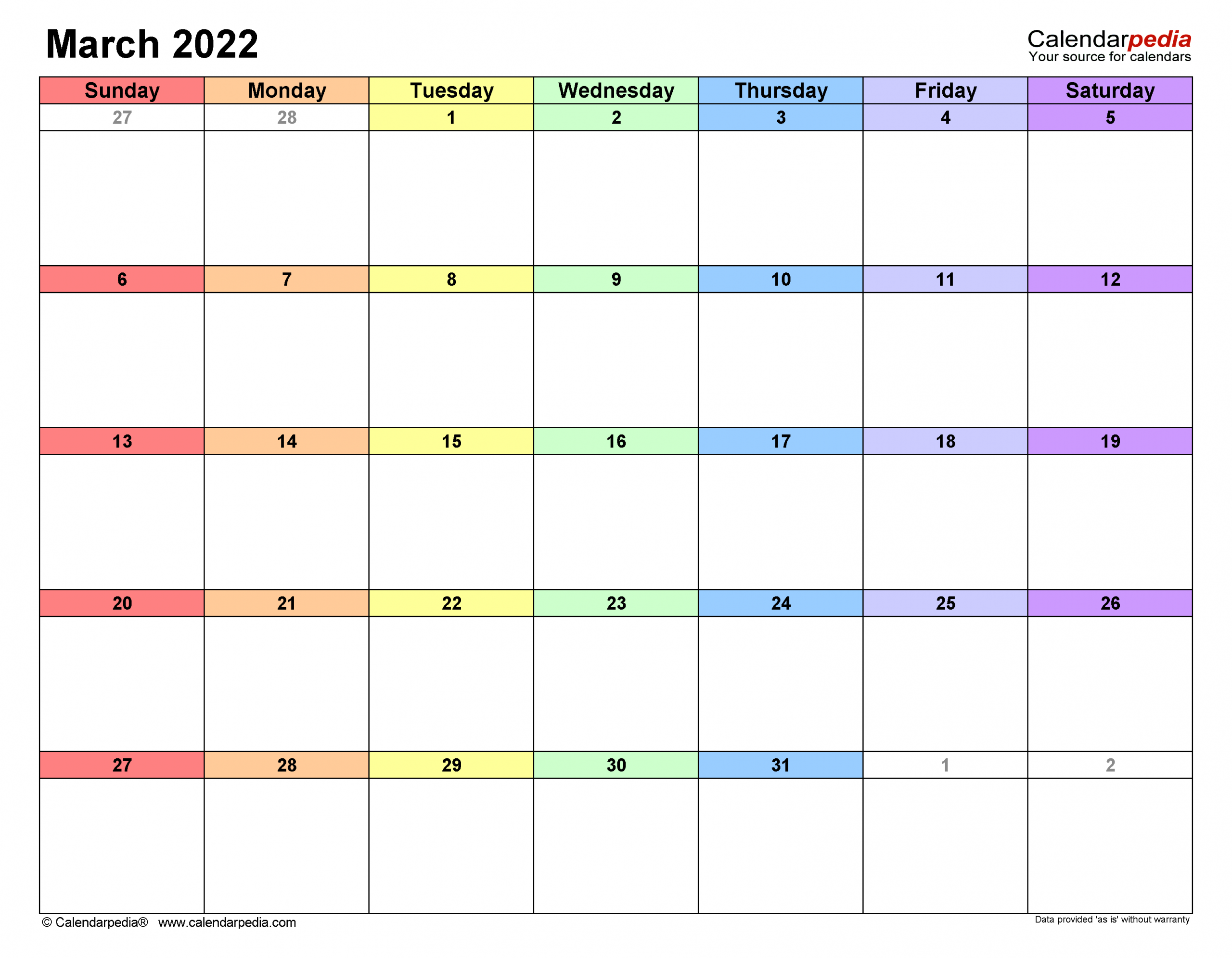 March 2022 Calendar | Templates For Word, Excel And Pdf