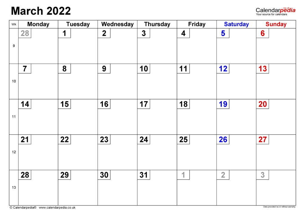 March 2022 Calendar Uk - Print A Calendars
