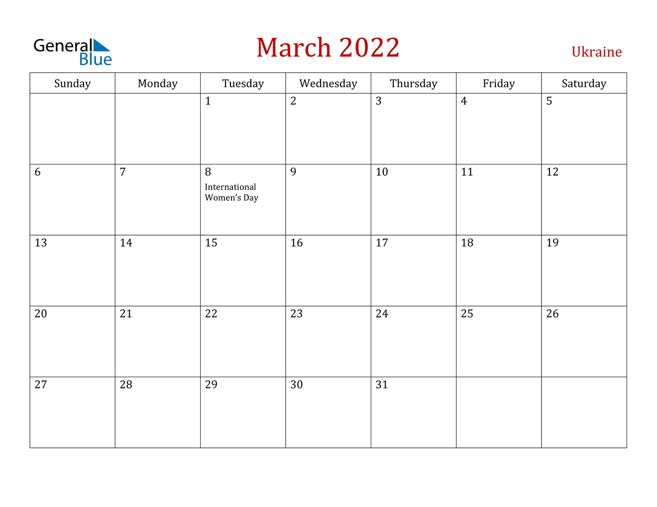 March 2022 Calendar - Ukraine
