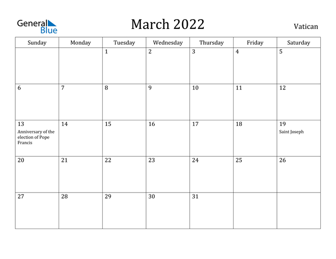 March 2022 Calendar - Vatican