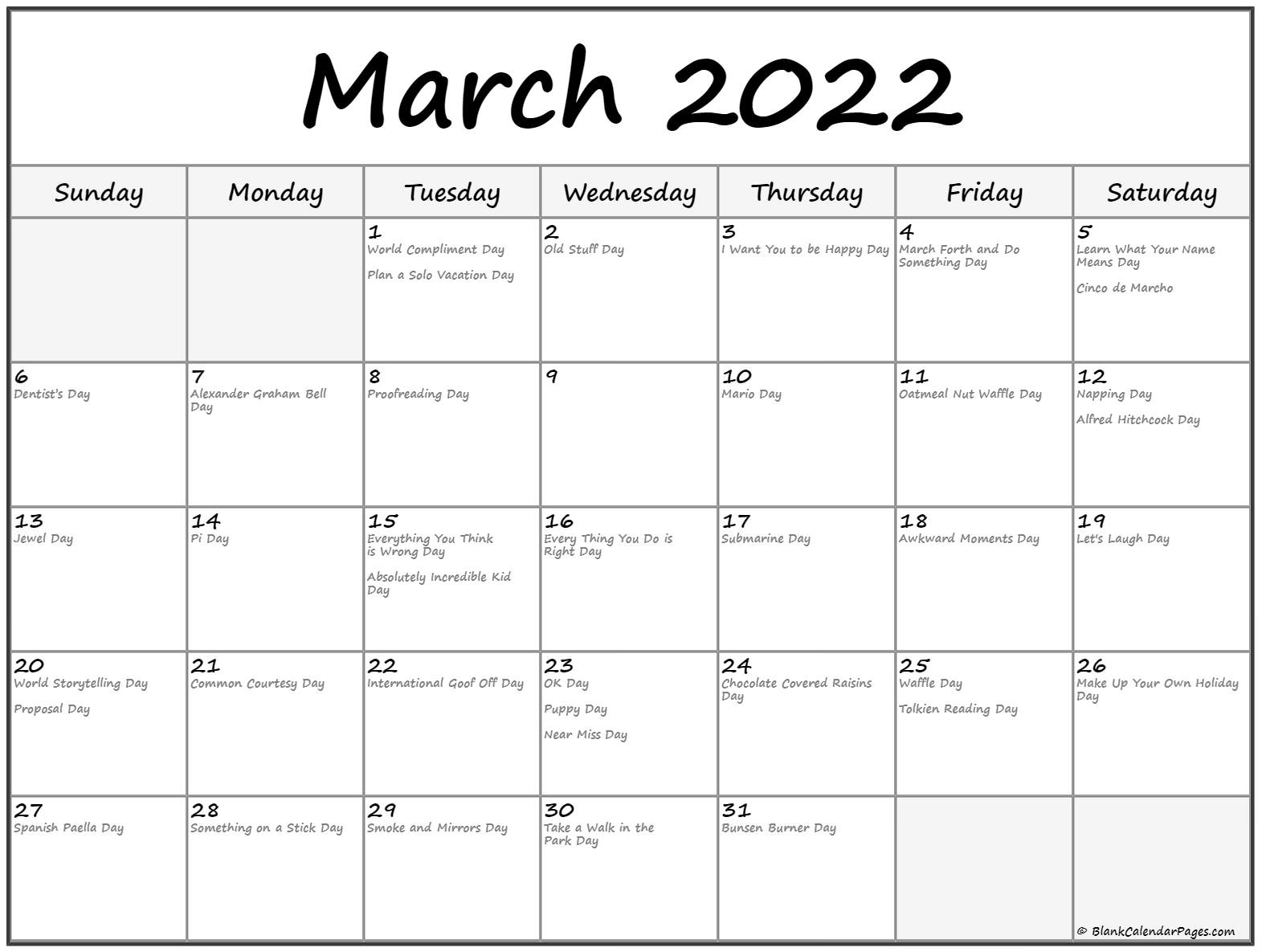 March 2022 Calendar With Holidays