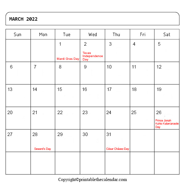 March 2022 Calendar With Holidays [Free Printable Template]