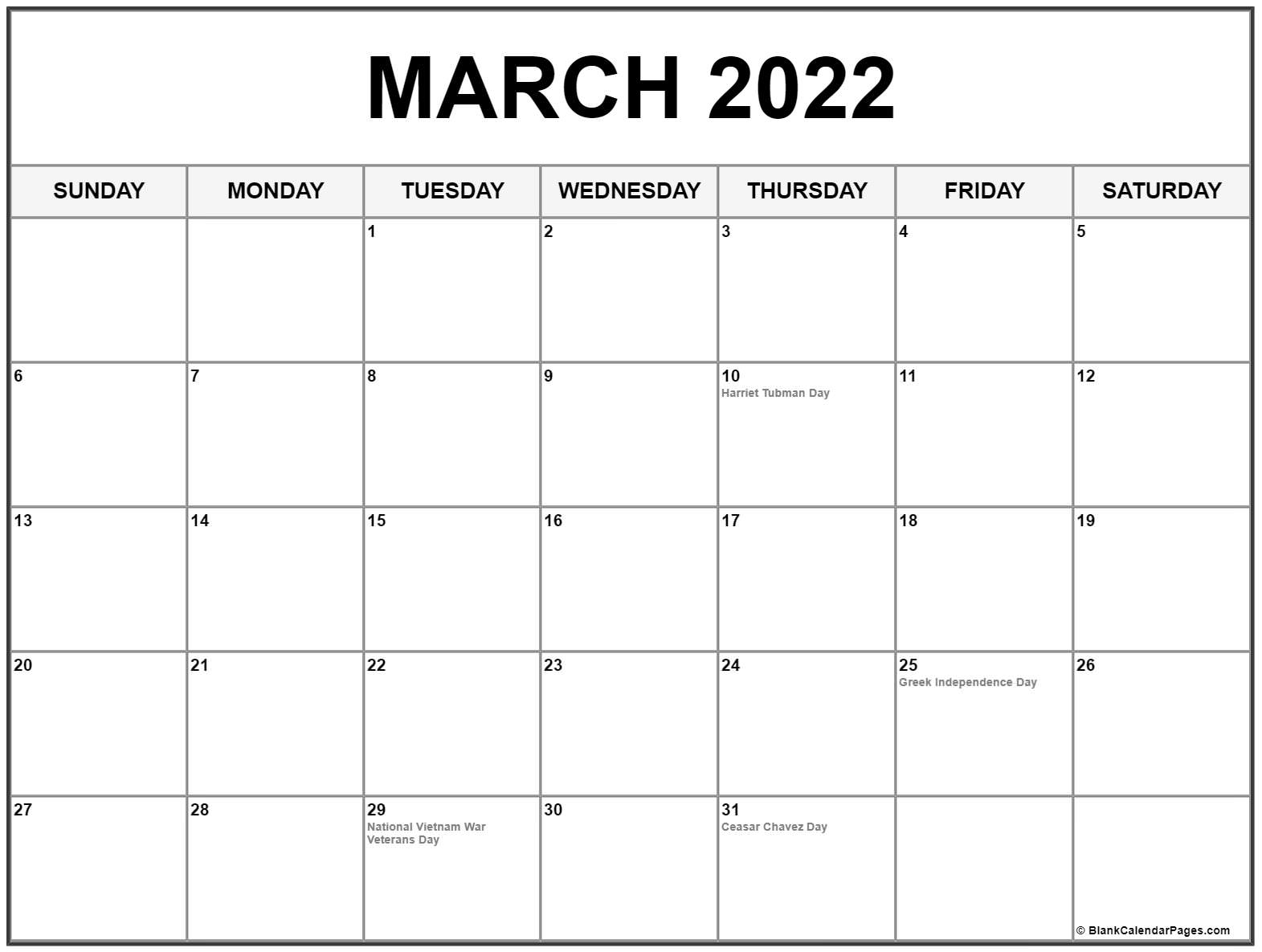 March 2022 Calendar With Holidays