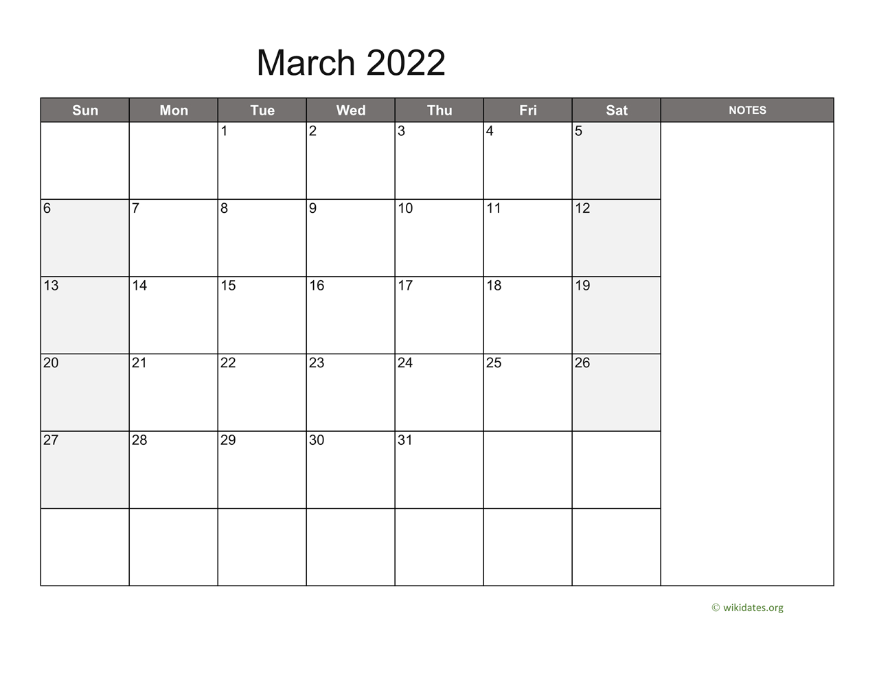 March 2022 Calendar With Notes | Wikidates