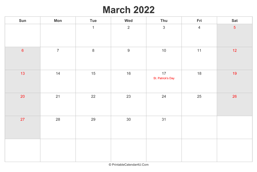 March 2022 Calendar With Us Holidays Highlighted