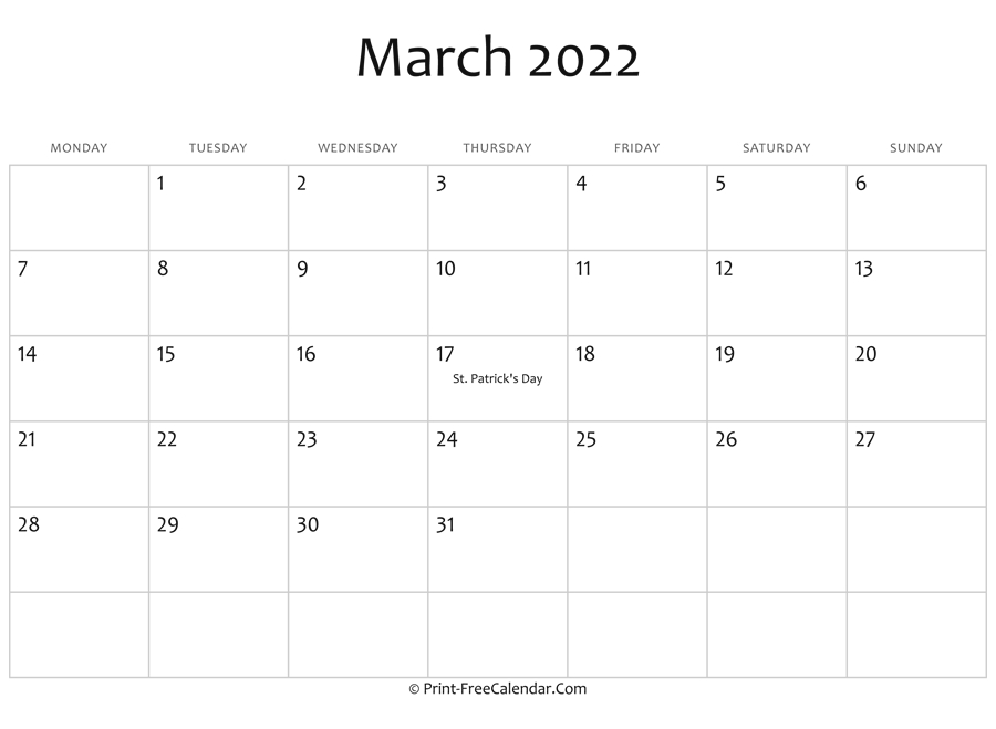 March 2022 Editable Calendar With Holidays