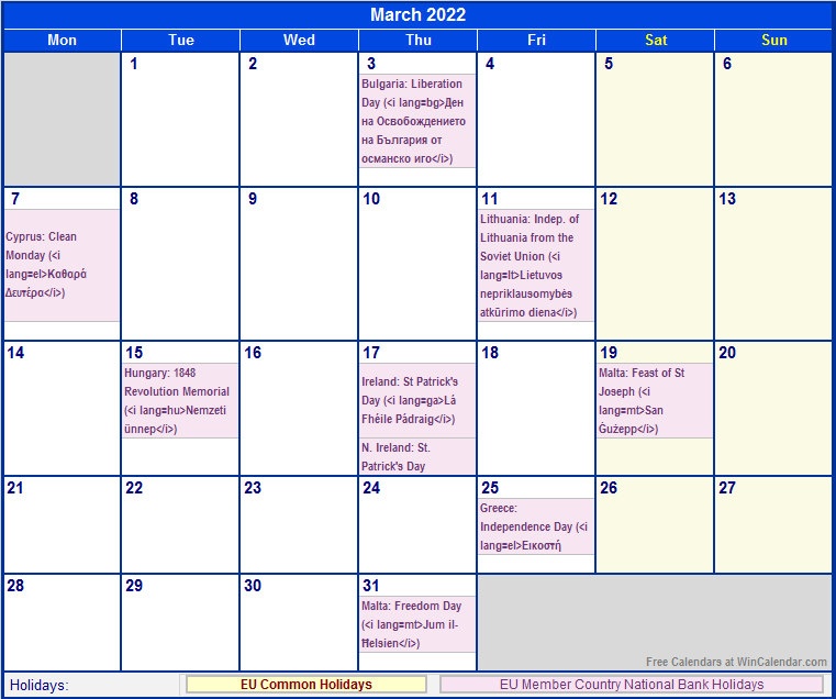 March 2022 Eu Calendar With Holidays For Printing (Image