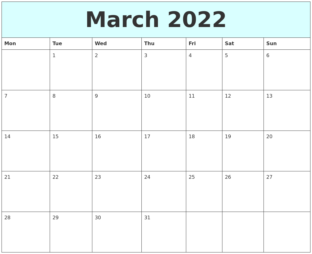 March 2022 Free Calendar
