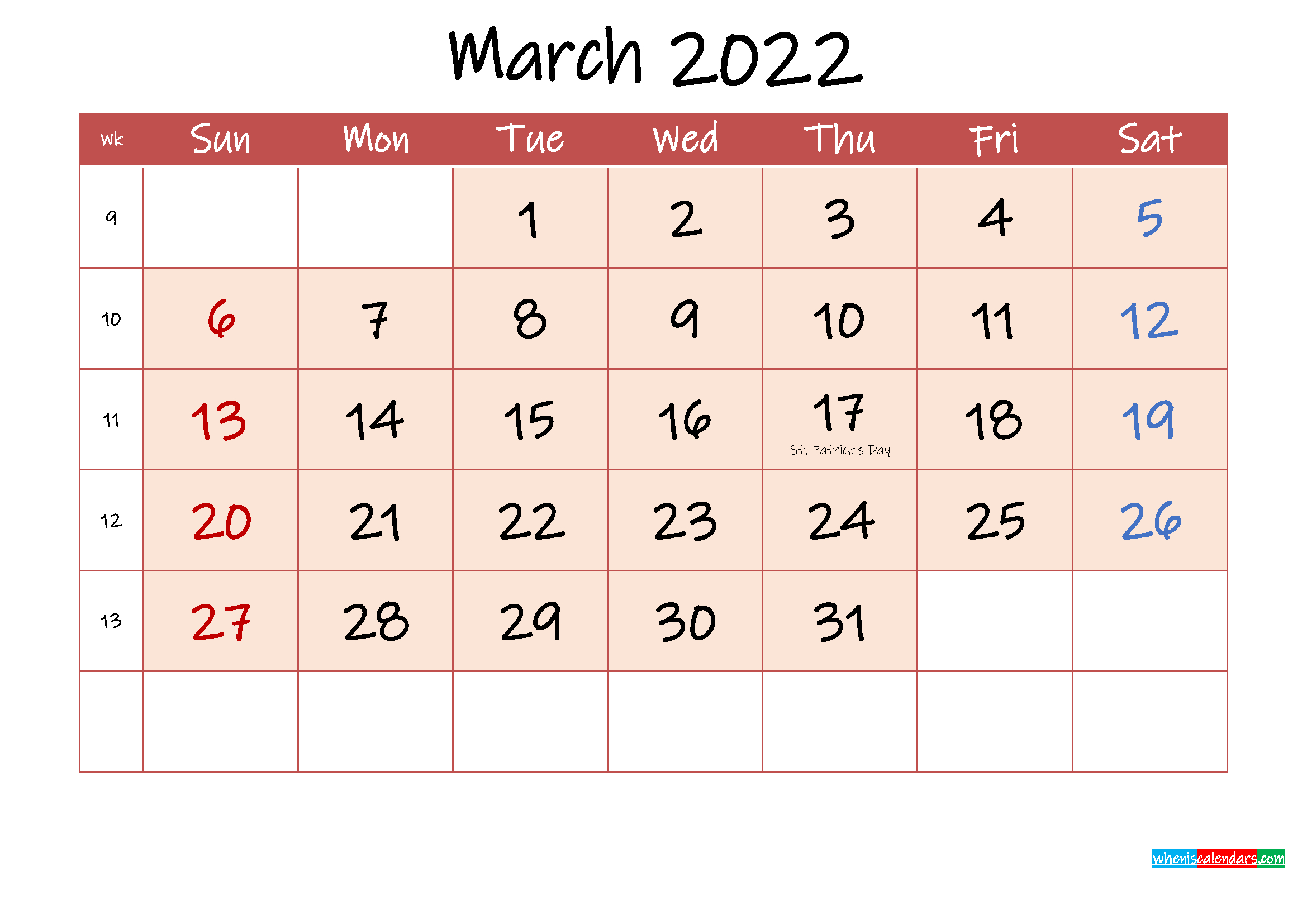 March 2022 Free Printable Calendar With Holidays