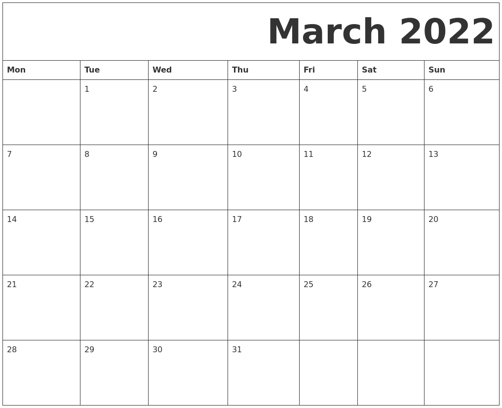 March 2022 Free Printable Calendar