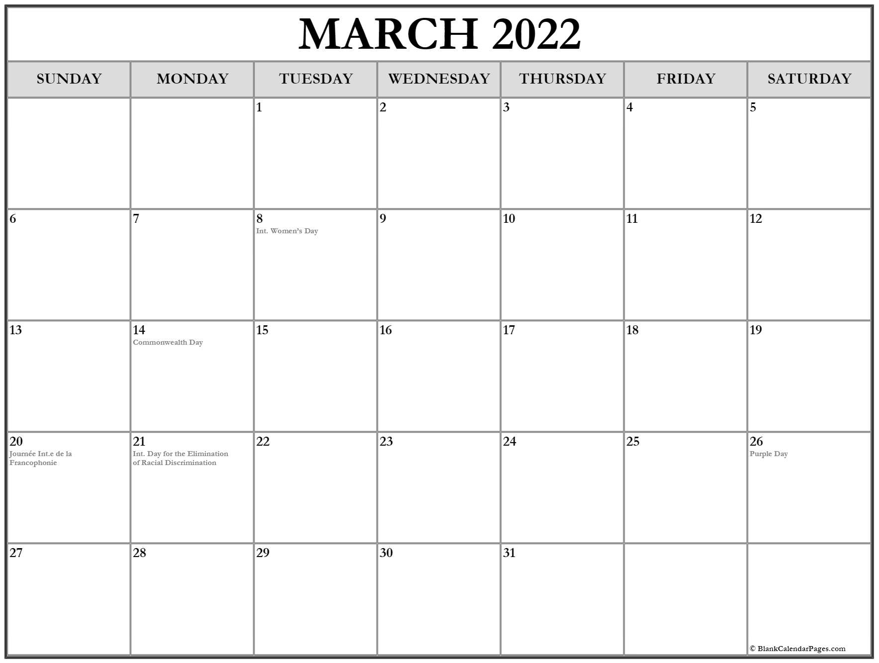 March 2022 Holidays | 2021 Printable Calendars