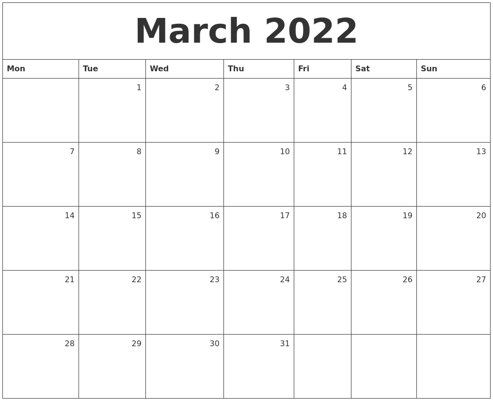 March 2022 Monthly Calendar