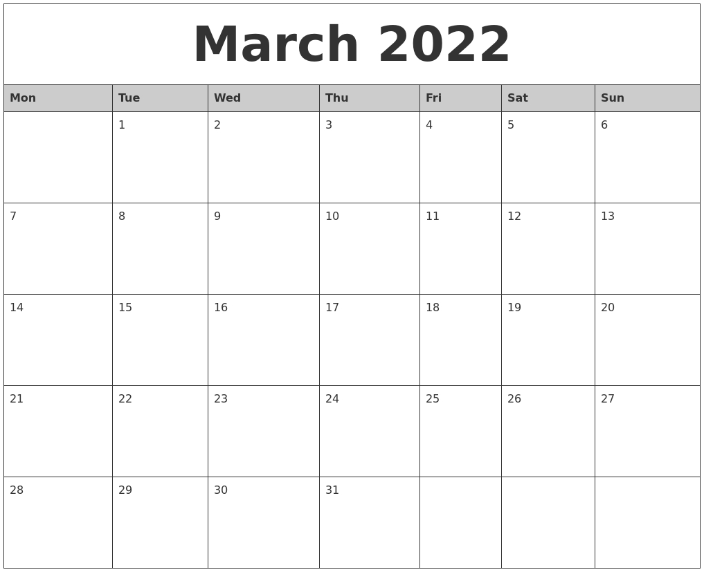 March 2022 Monthly Calendar Printable