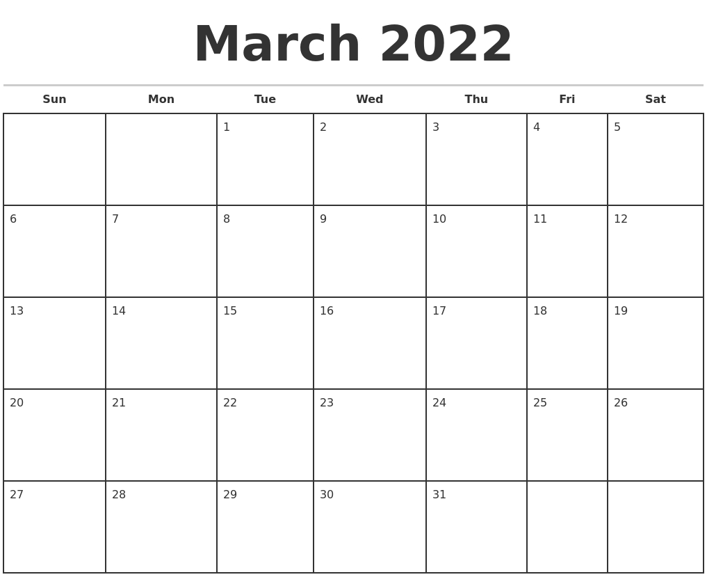 March 2022 Monthly Calendar Template
