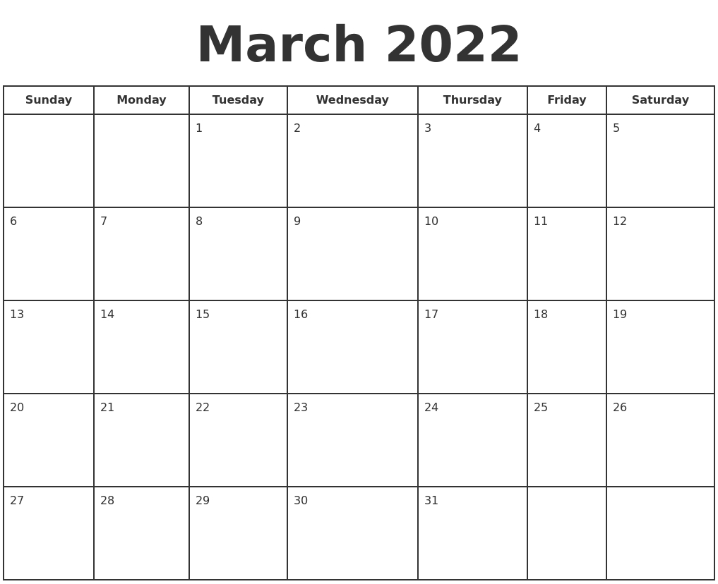 March 2022 Print A Calendar