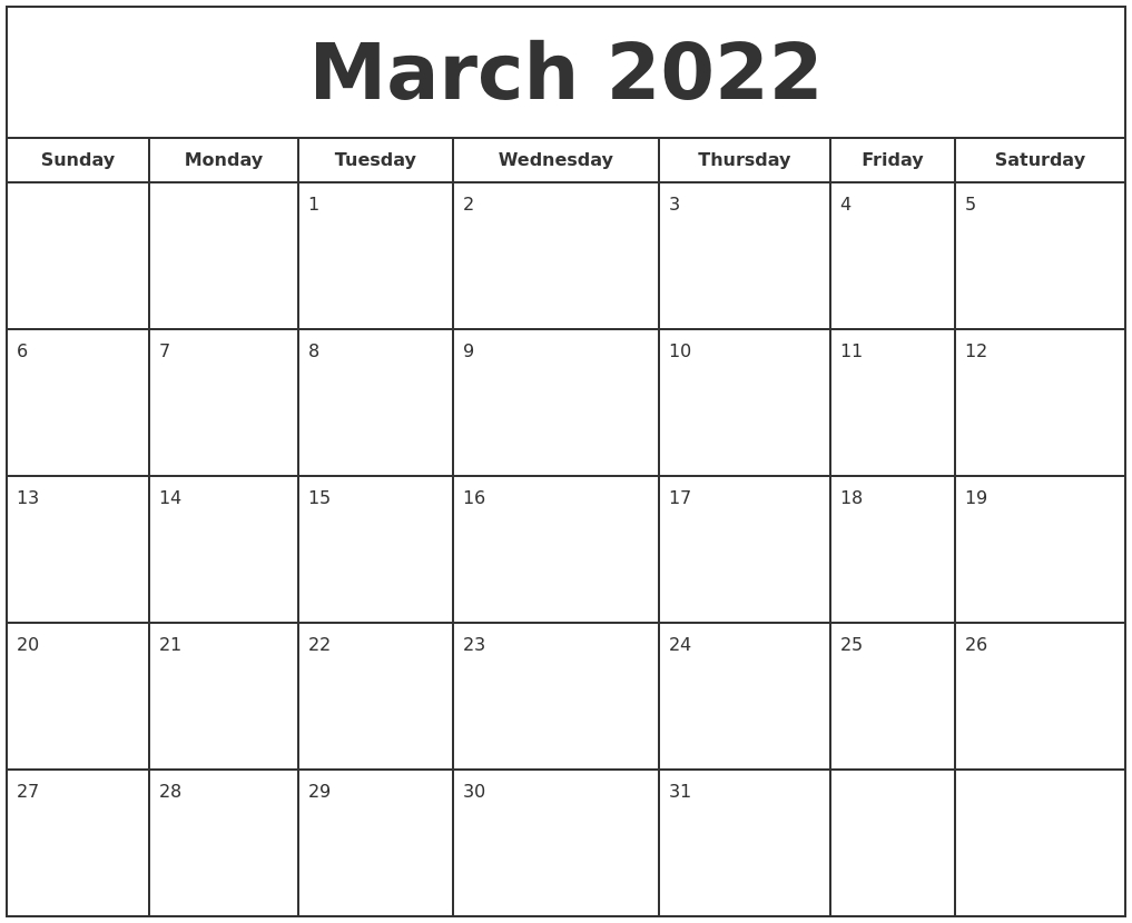March 2022 Print Free Calendar