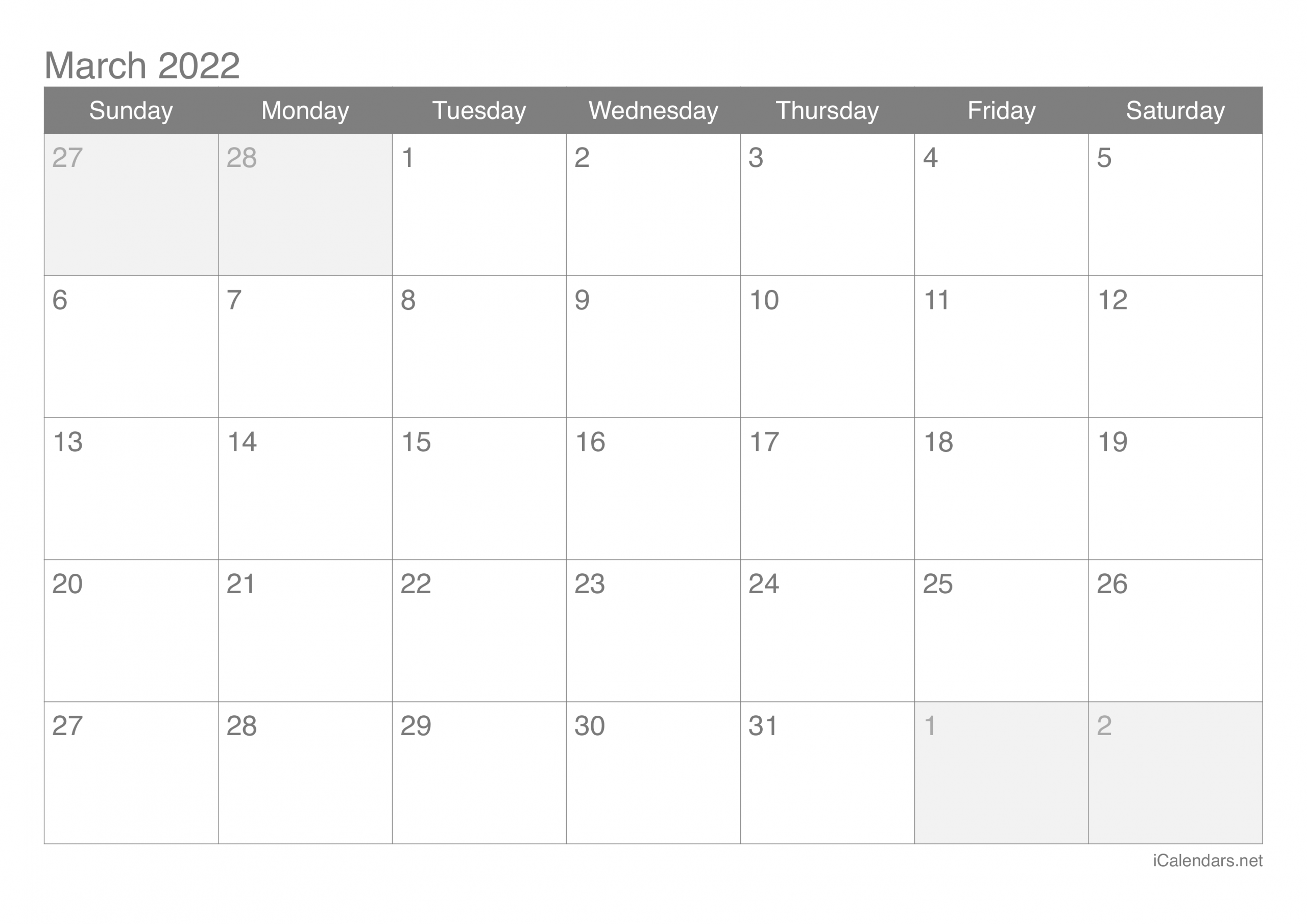 March 2022 Printable Calendar - Icalendars