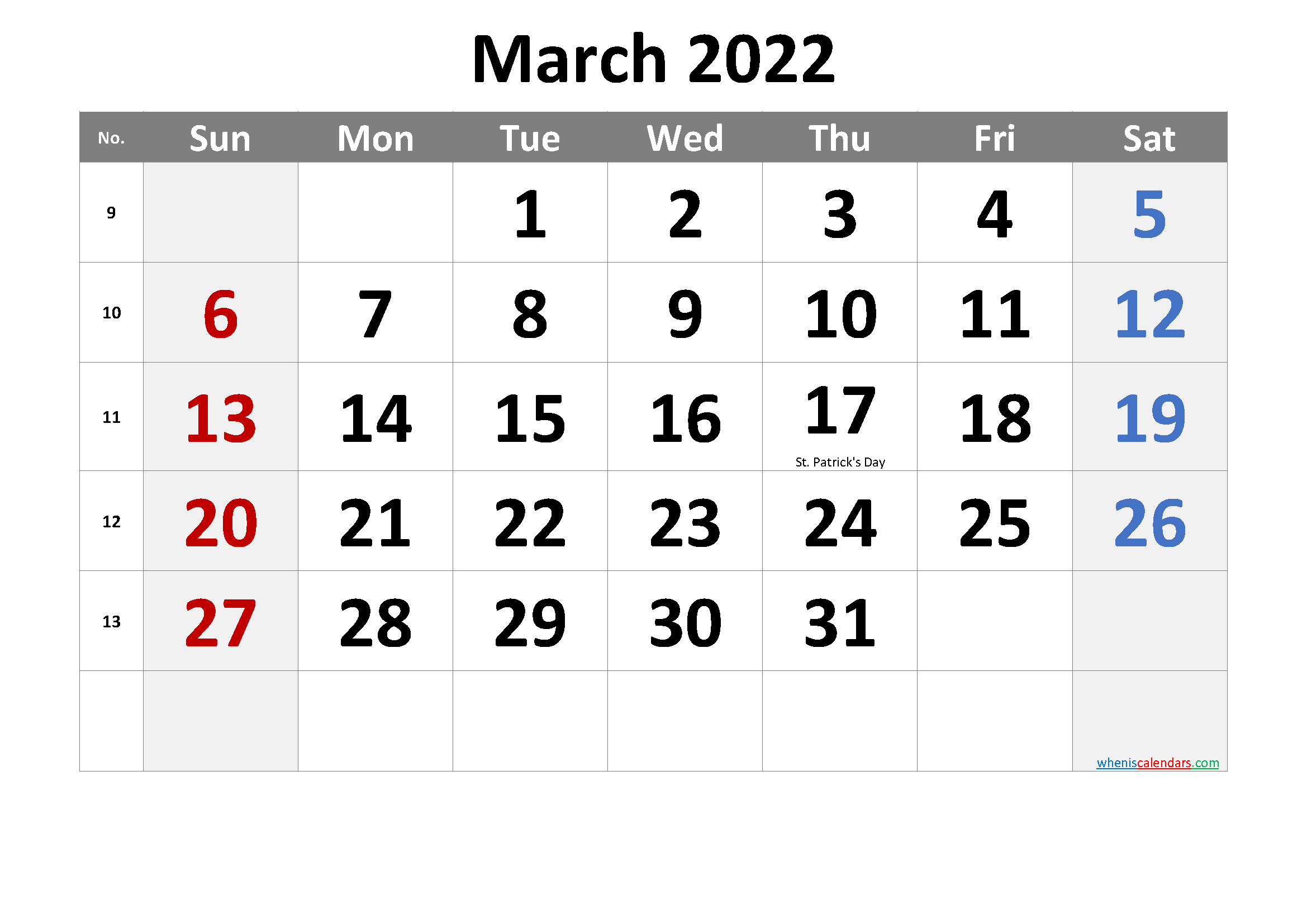 March 2022 Printable Calendar With Holidays