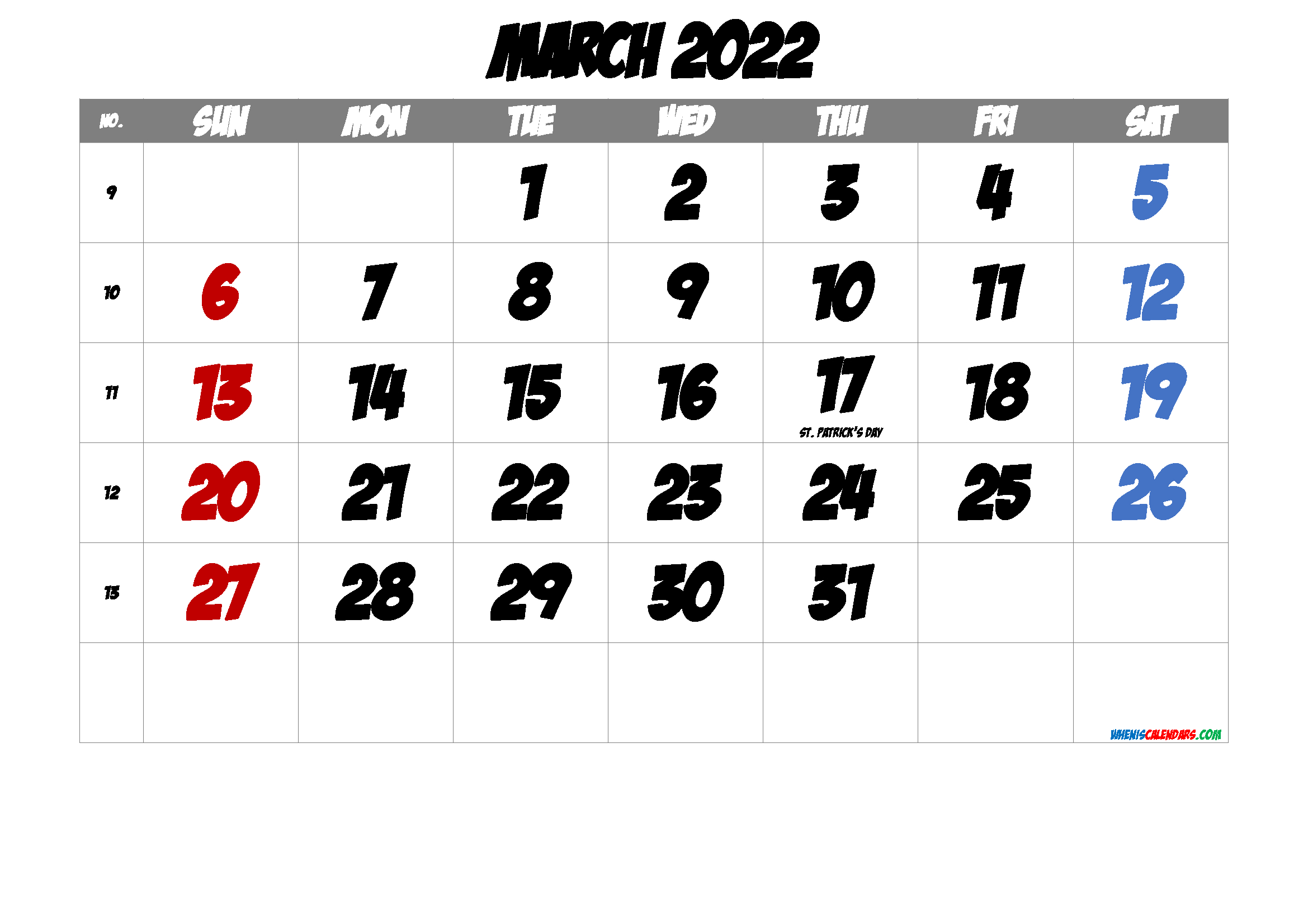 March 2022 Printable Calendar With Holidays - 6 Templates