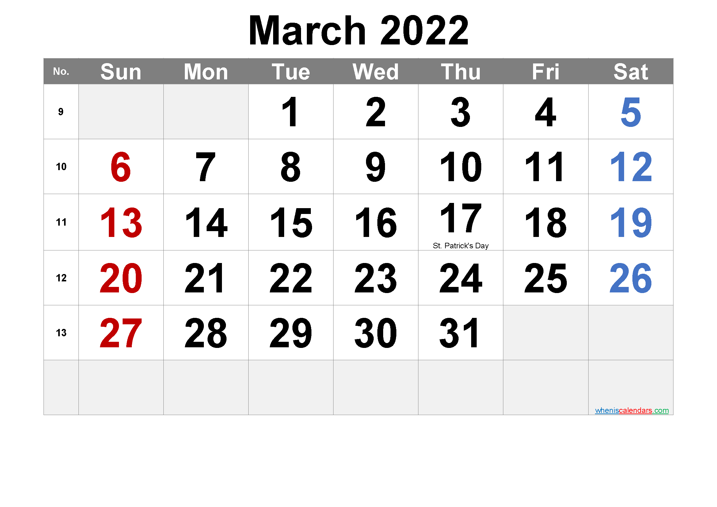 March 2022 Printable Calendar With Holidays - Free
