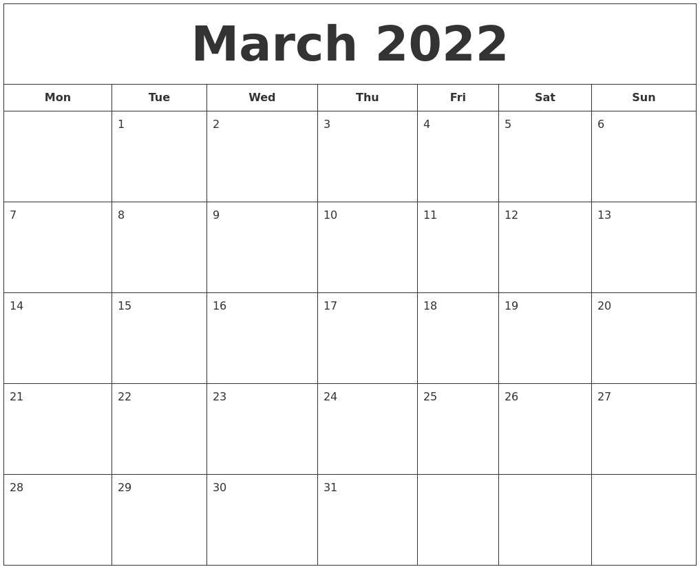 March 2022 Printable Calendar